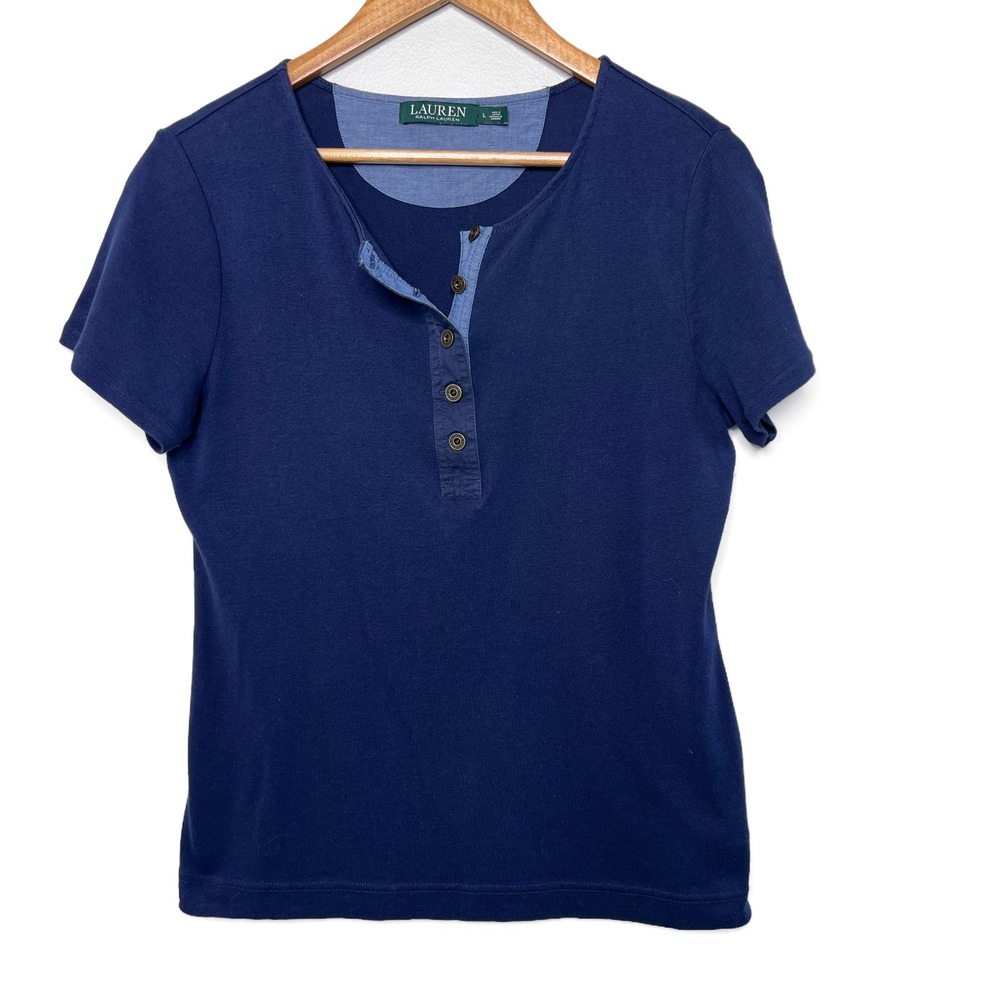 Lauren Ralph Lauren Womens Navy Blue Short Sleeve Henley Casual T Shirt Top L - Picture 5 of 16